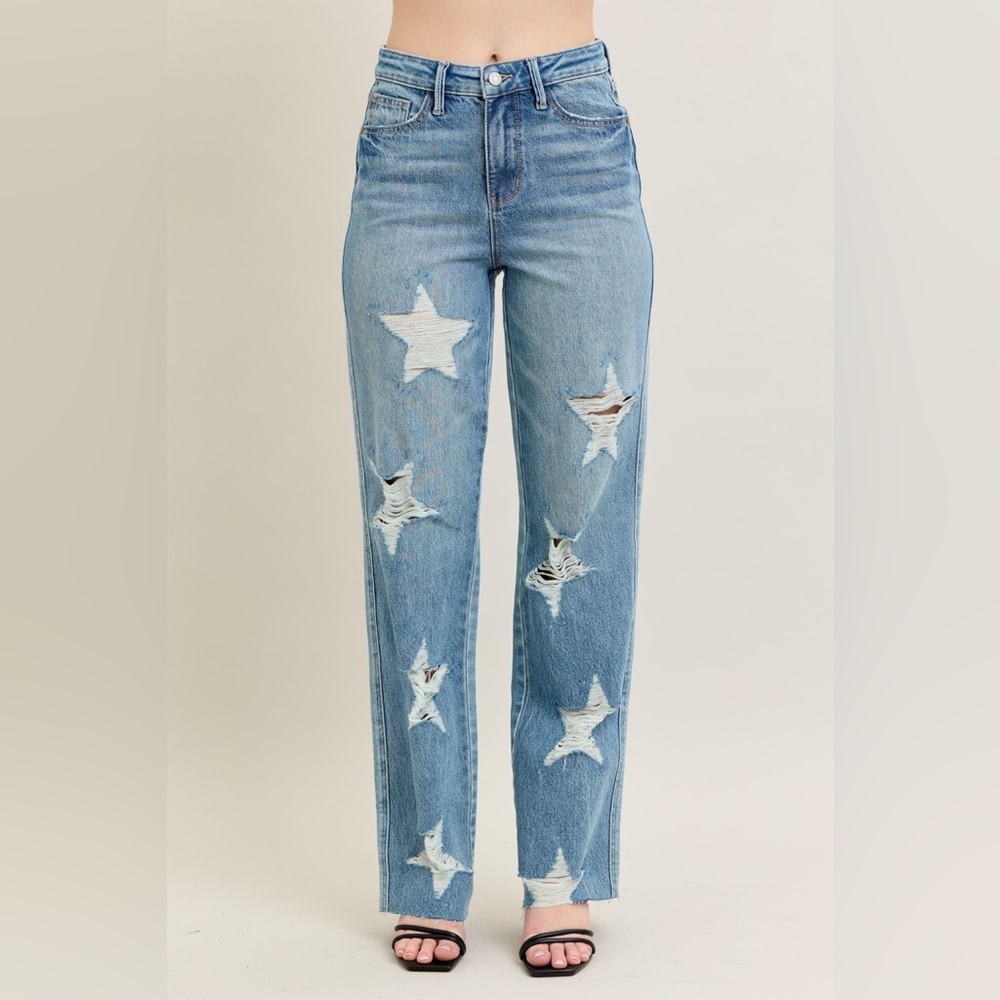 Judy Blue High Waist Star Destroy 90s Straight Jeans Distressed Raw Hem S-3X
